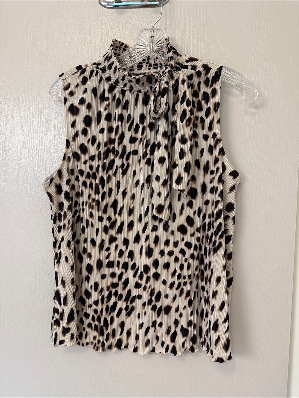 Chico's Sleeveless Pleated Tie-Neck Camisole in Cream and Black Animal Print
